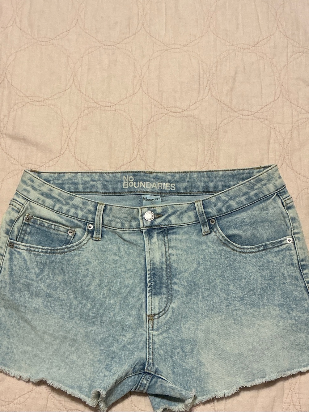 No Boundaries Light Blue Acid-Wash Denim Ankle Shorts